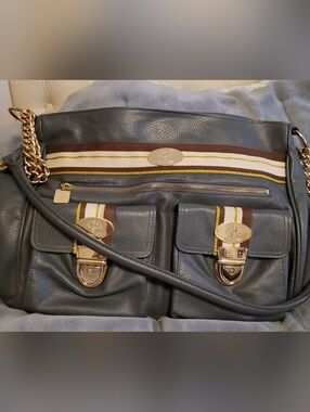 Christine Price Gray Pebbled Leather Shoulder Bag with Gold Hardware Accent